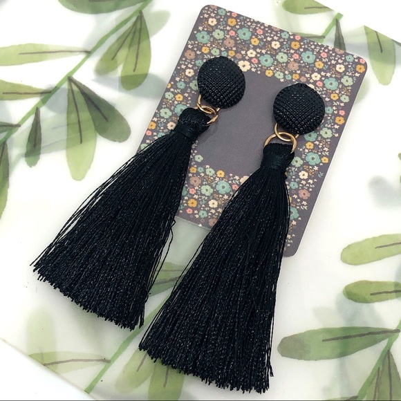 Jewelry - Aisha Button Tassel Black Bohemian Earrings